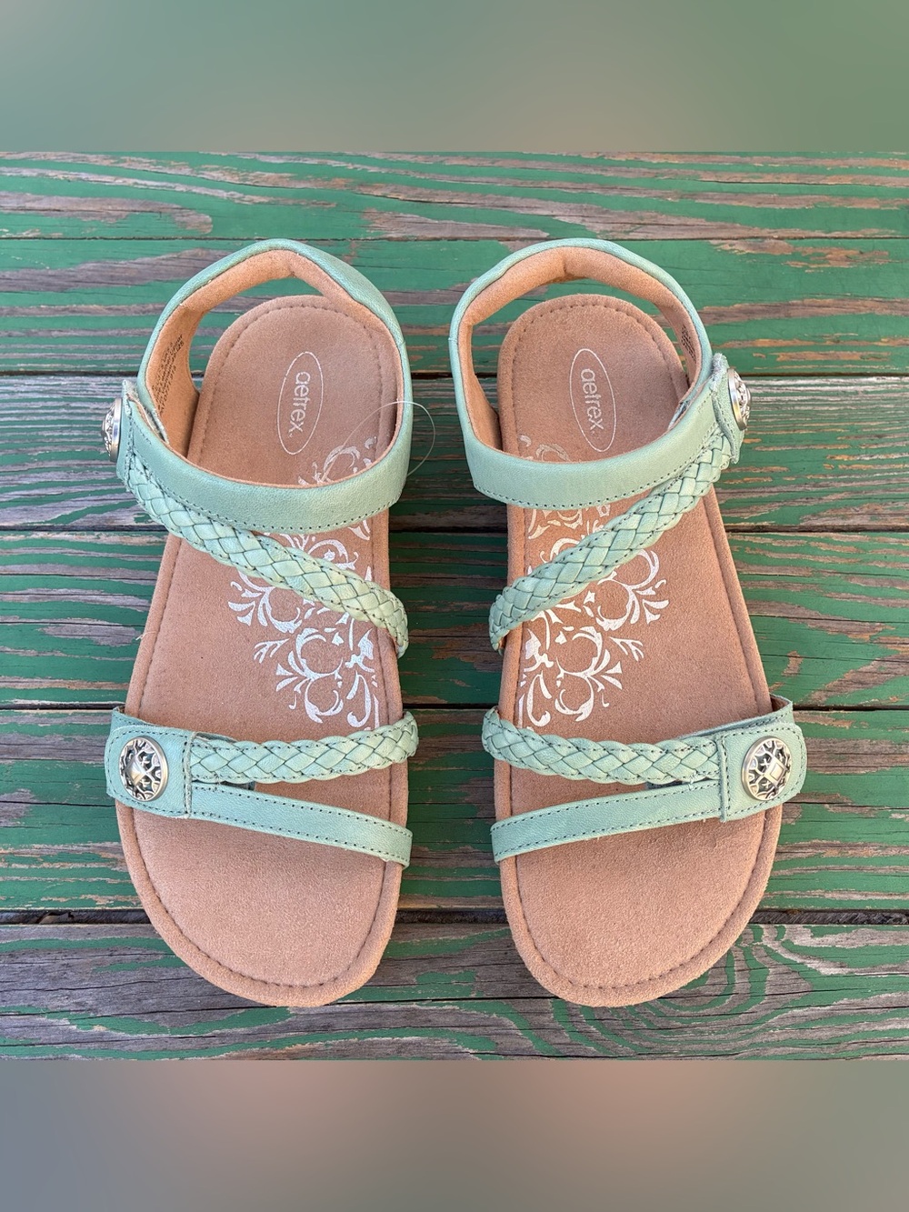 Aetrex Womens Jillian Braided Quarter Strap Sandal in Sage Leather Sz 7.5 Shoes